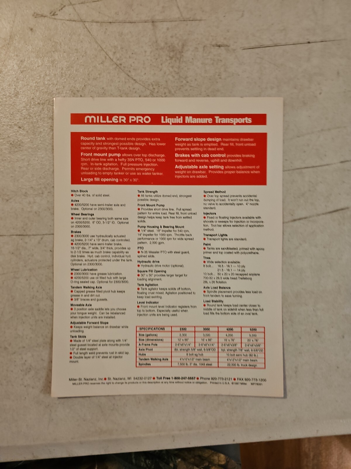 Miller Pro Liquid Manure Transports Sales Brochure Spec Sheet