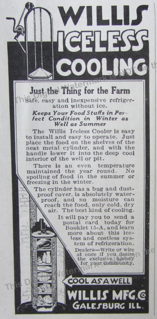 1919 Ad Willis Iceless Cooling Refrigeration Without Ice Willis Mfg Galesburg IL