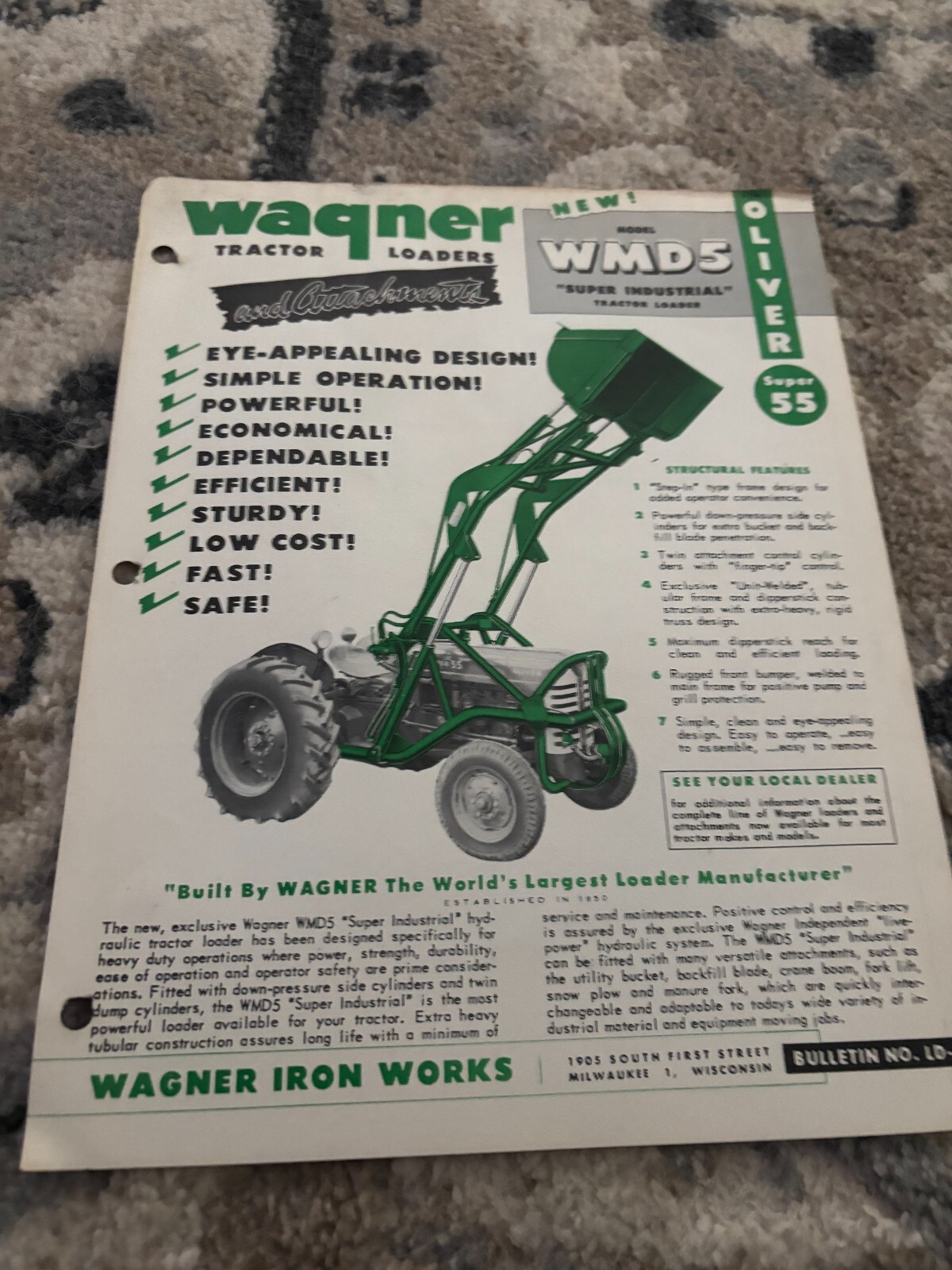 Wagner WMD5 Industrial Loader For Oliver Super 55 Tractor Brochure FCCA25