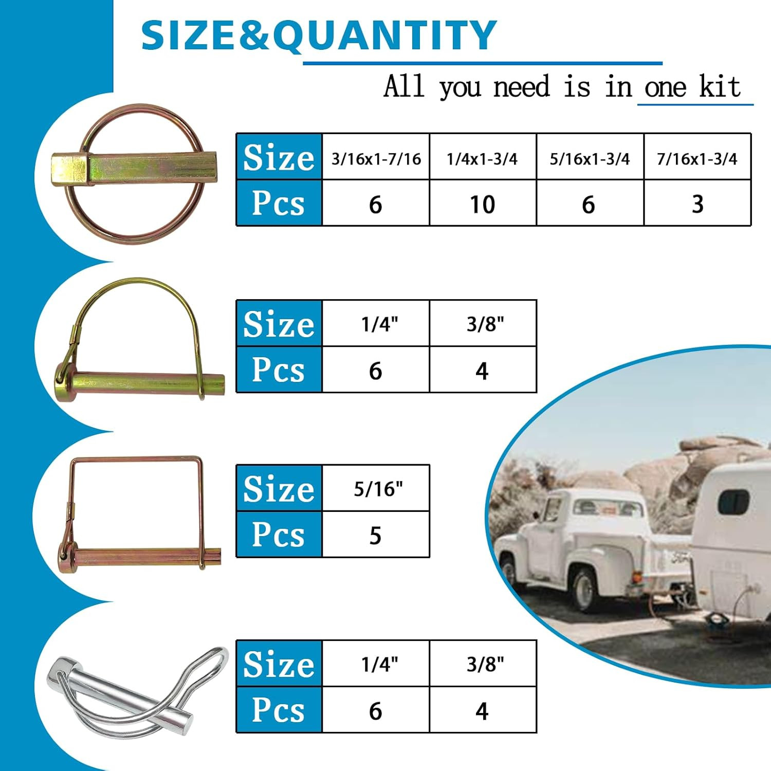 202PCS Hitch Pins Clip Pins, Linch and PTO Pins for Trailers Tractors Trucks Tow