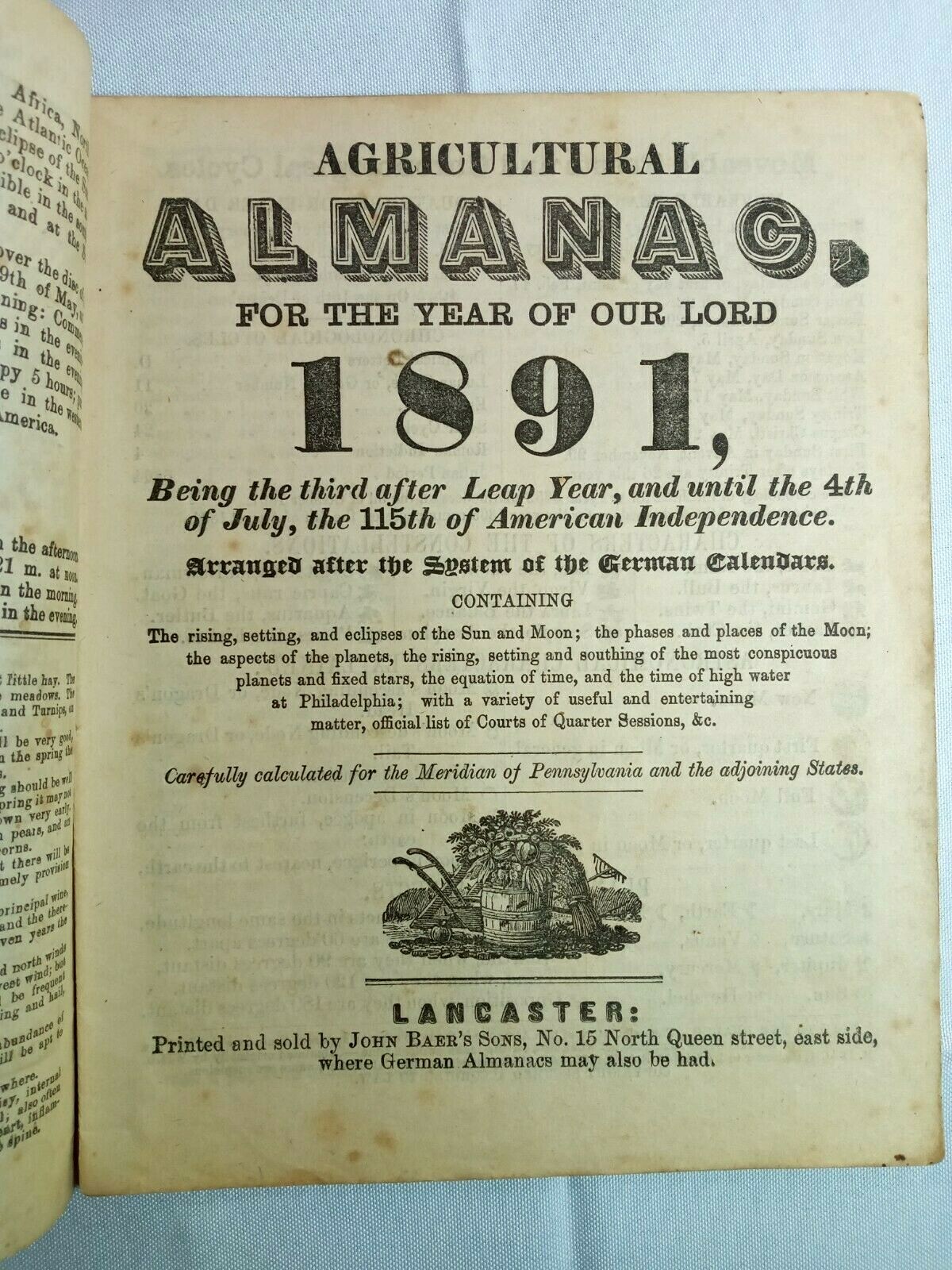 1891 John Bear Baer’s Agricultural Almanac Lancaster, PA Antique Farmers Vintage
