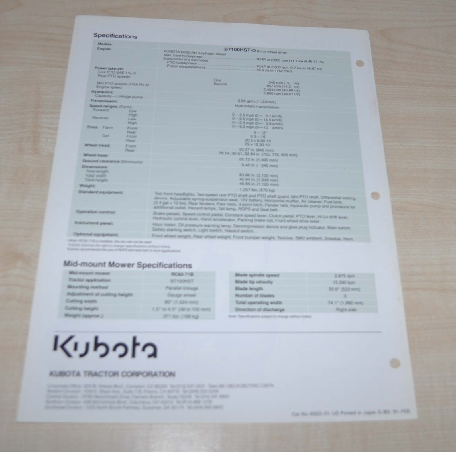 Kubota B7100HSD 4WD Compact Diesel Tractor Japanese Brochure