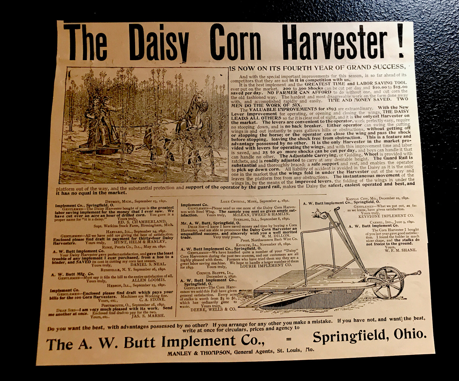1893 Butt Daisy Corn Harvester Farm Engraving Advertising – Springfield – Ohio