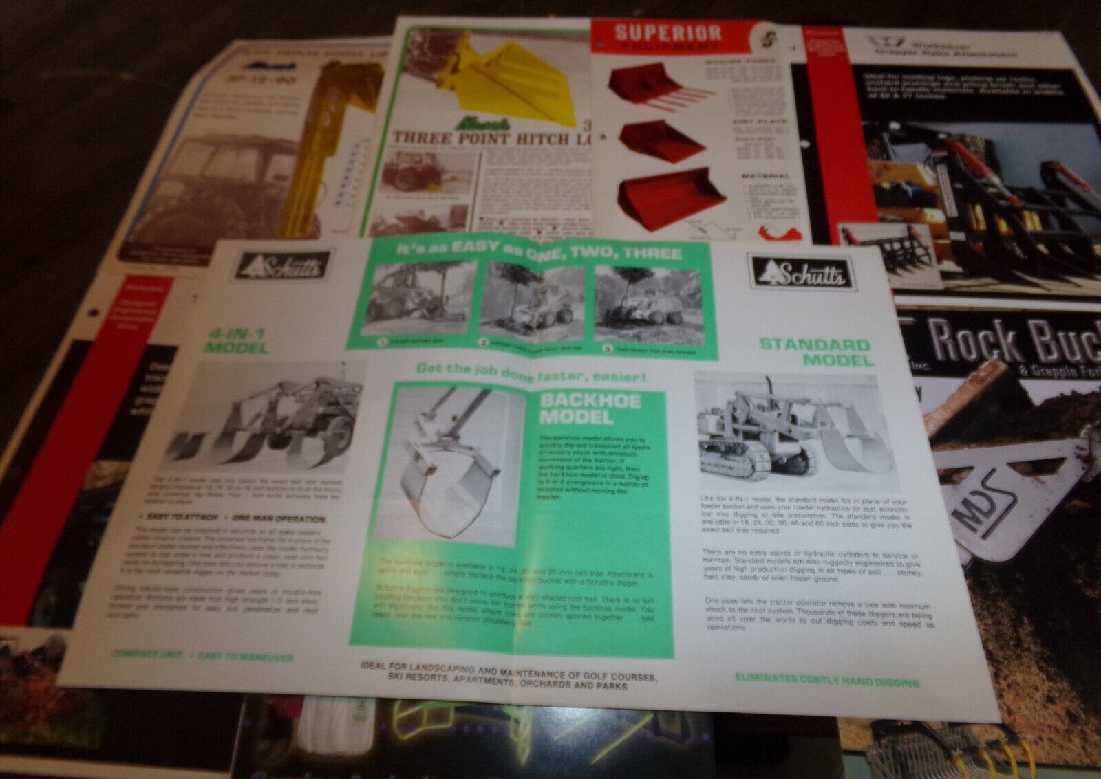 8-lot 1960’s-2000’s loader attachment brochures in nice shape used