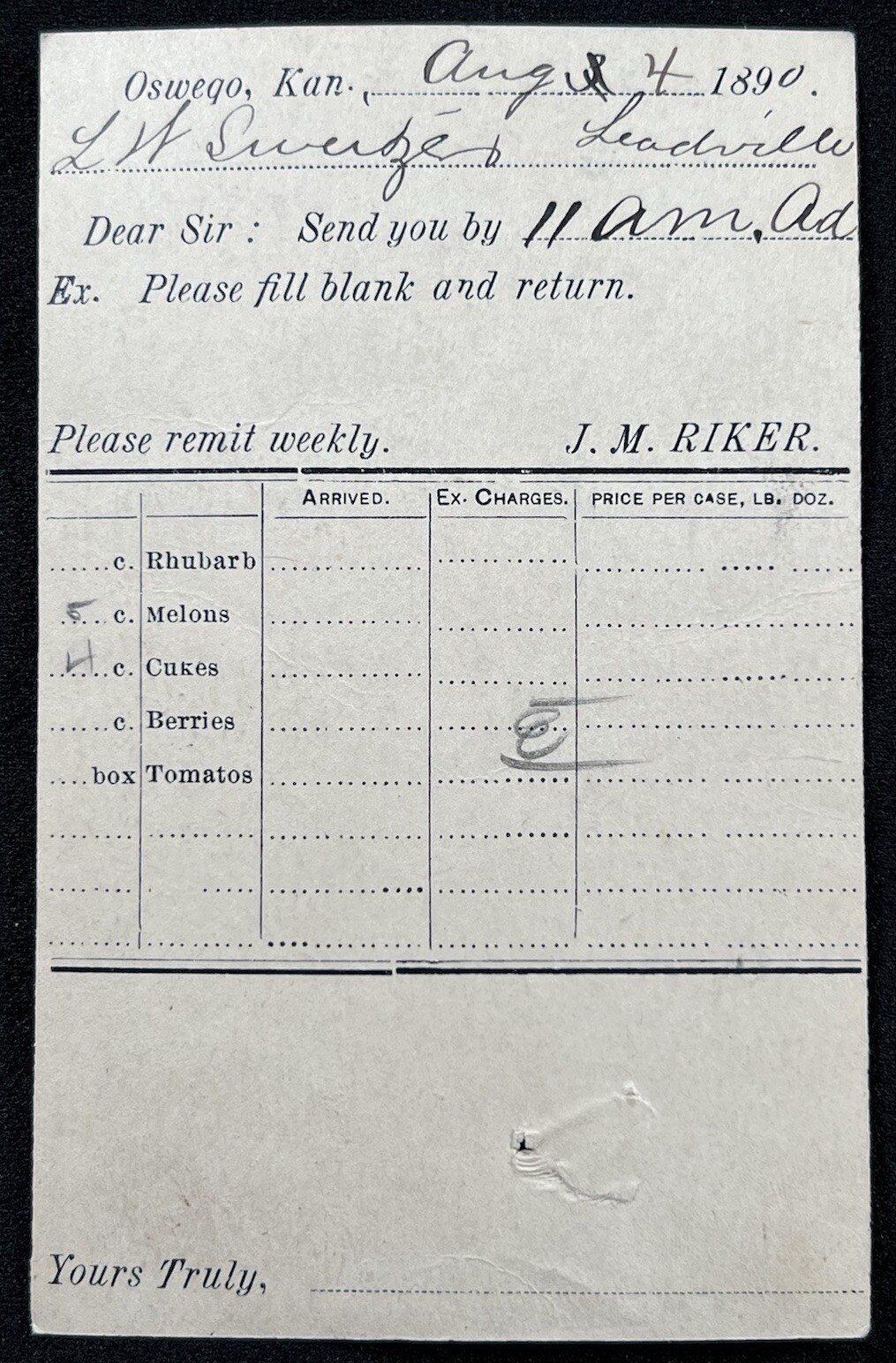 1890 Oswego Kansas Vintage Produce Order Form Leadville J M Riker Rhubarb Melons