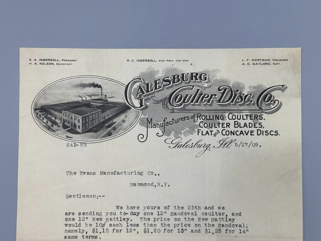 1909 Ingersoll Tillage GALESBURG COULTER DISC Tractor FARM Advertising Letter IL