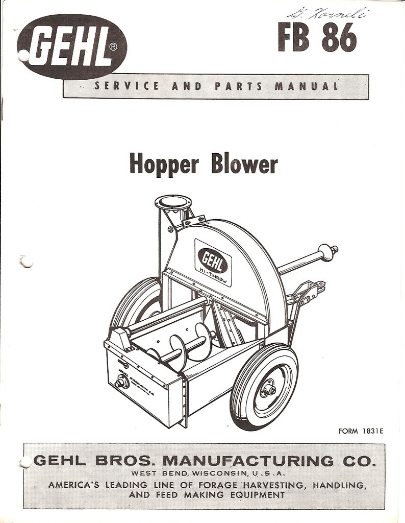 Farm Manual – Gehl – FB 86 – Hopper Blower – Service Parts – 1963 (FM132)
