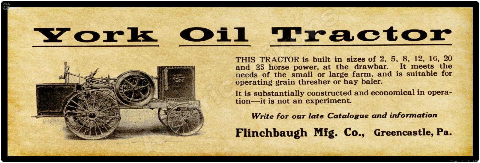 1915 York Oil Tractor, Flinchbaugh Mfg. New Metal Sign: 6 x 18″ Greencastle, PA