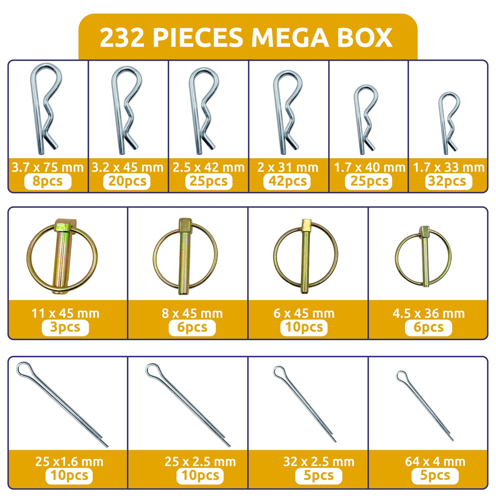 232pc Trailer Hitch Pins Lynch Pins PTO 3 Point Tractor Lawn Mower Snow Plow Hea