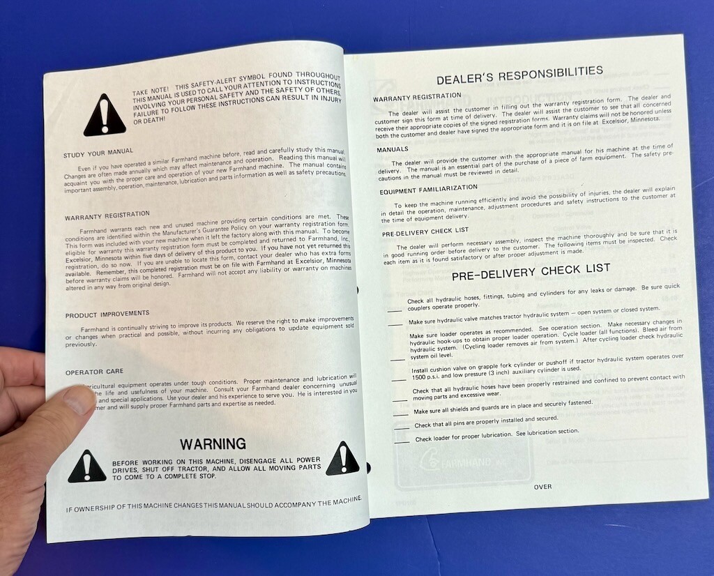 Farmhand XL 940 Loader Parts Setup & Operators Manual