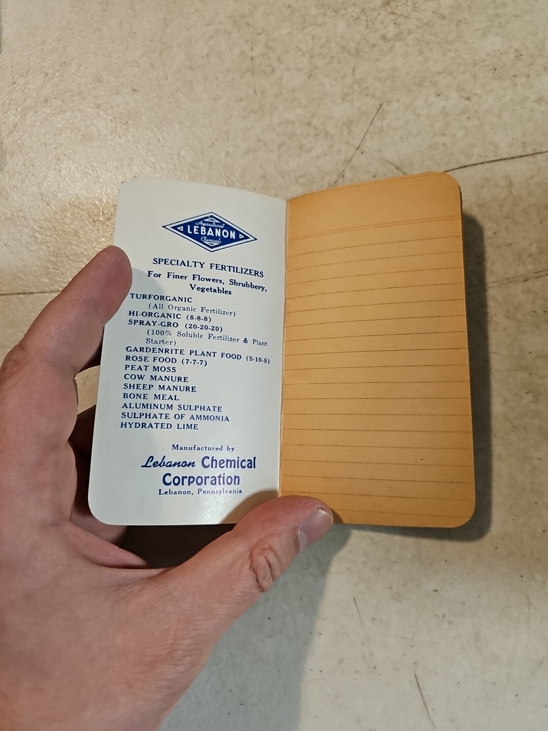 Lebanon Chemical Corp Lebanon PA Fertilizer Notebook Shirt Pocket Memo Book 1954