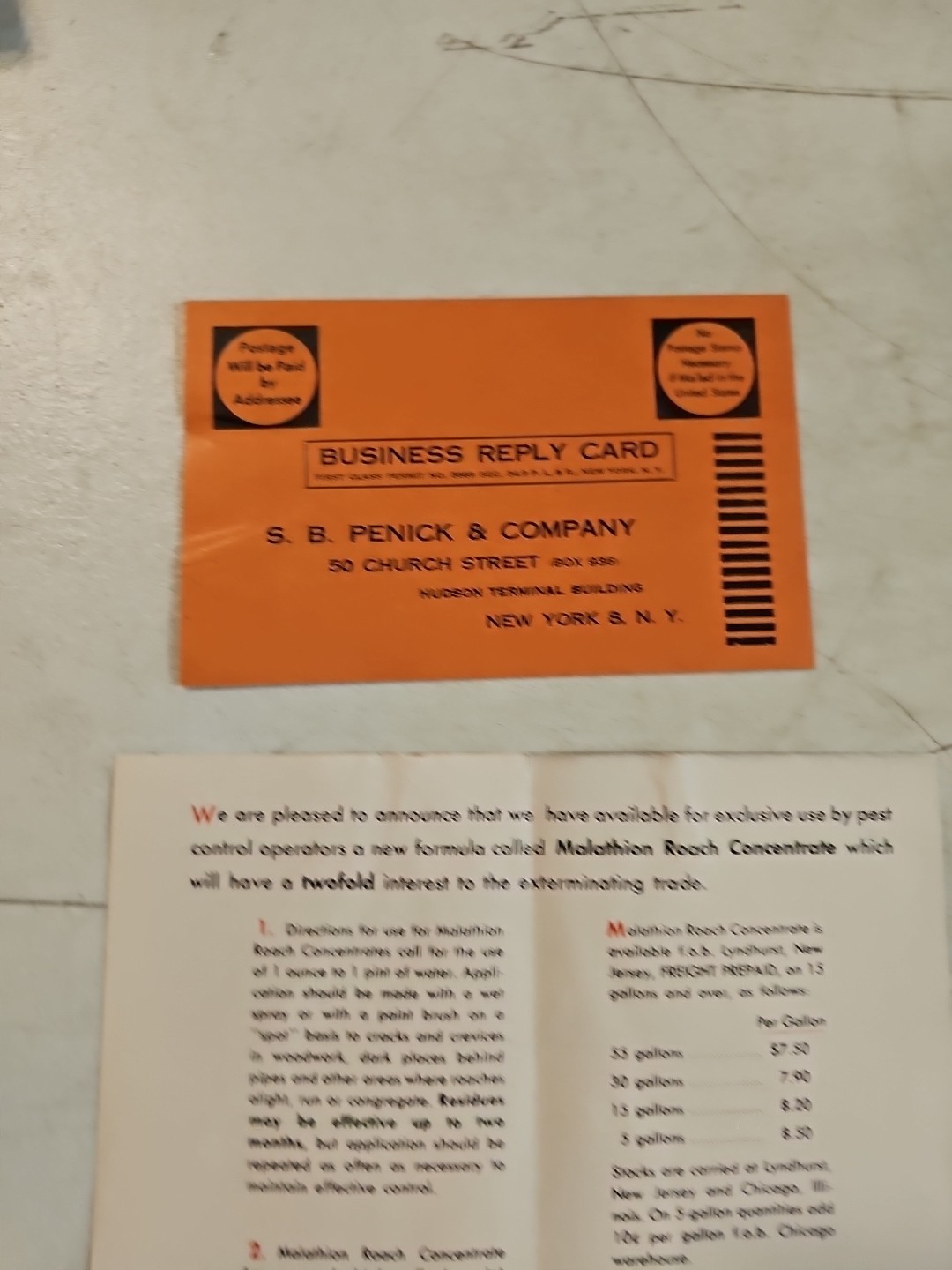 Vintage SB Penick & Co Malathion Roach Concentrate For Roach Control Brochure