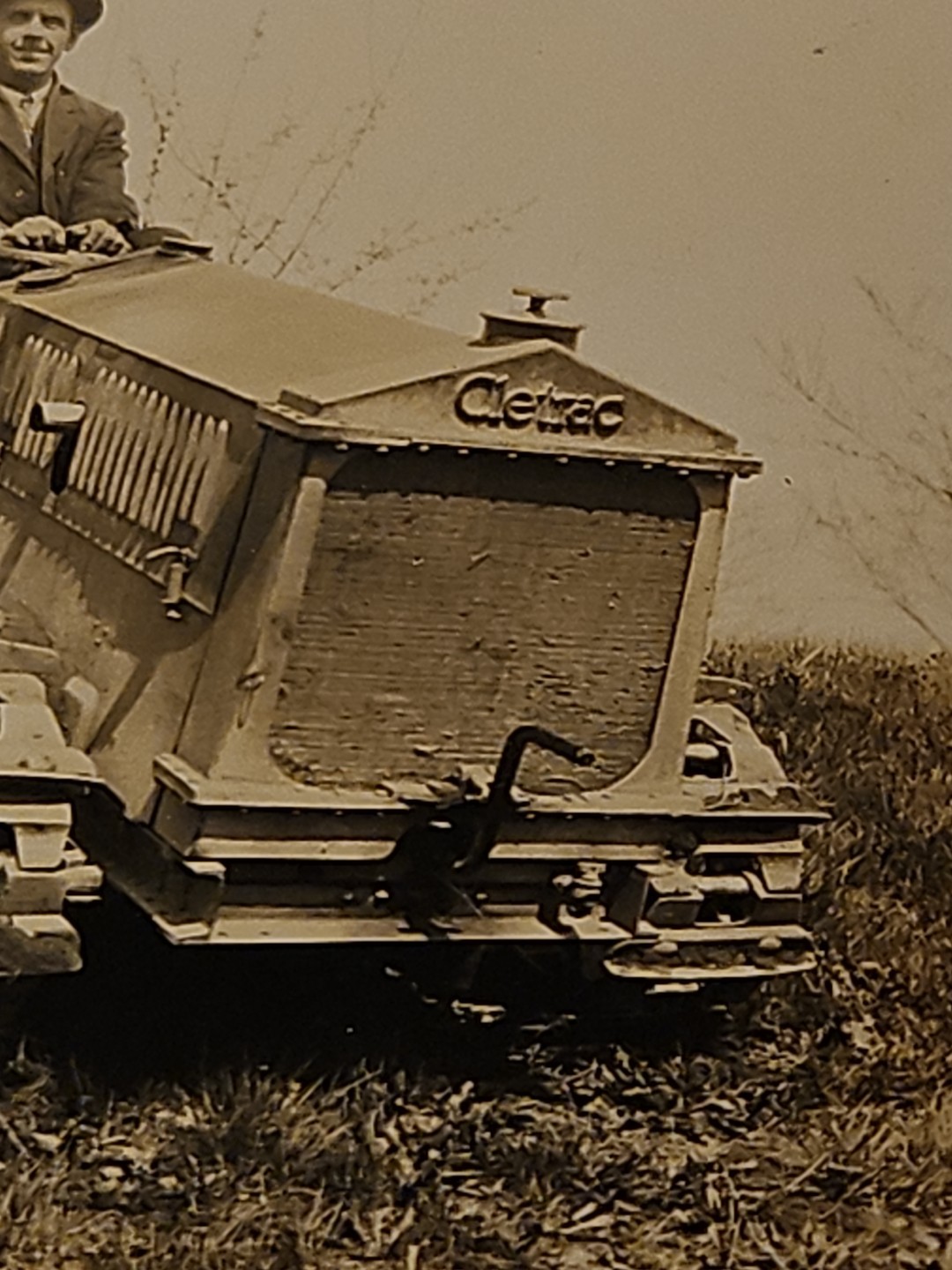 Antique Cletrac Tractor Photo w Man All Dressed Up In His Best Angular Radiator