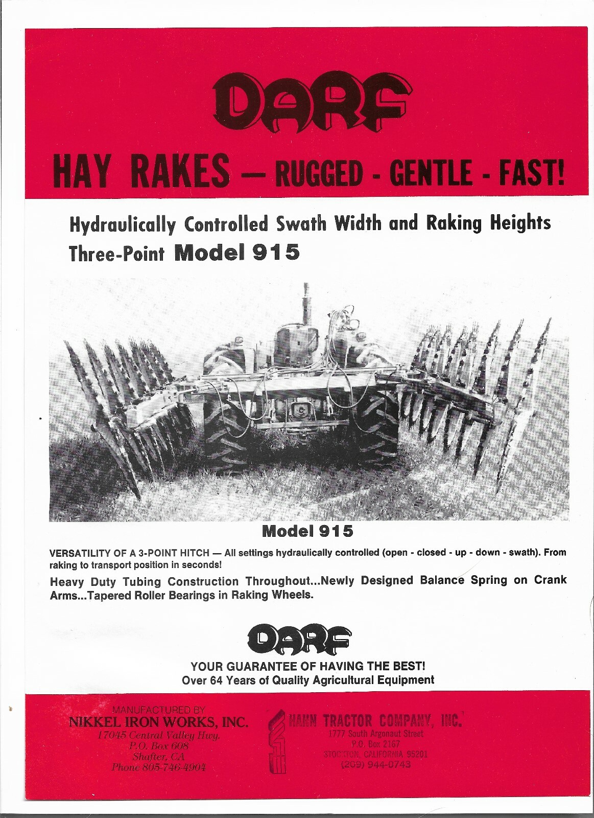 Original OE OEM Darf Model 915 Hay Rakes Single Page Sales Brochure