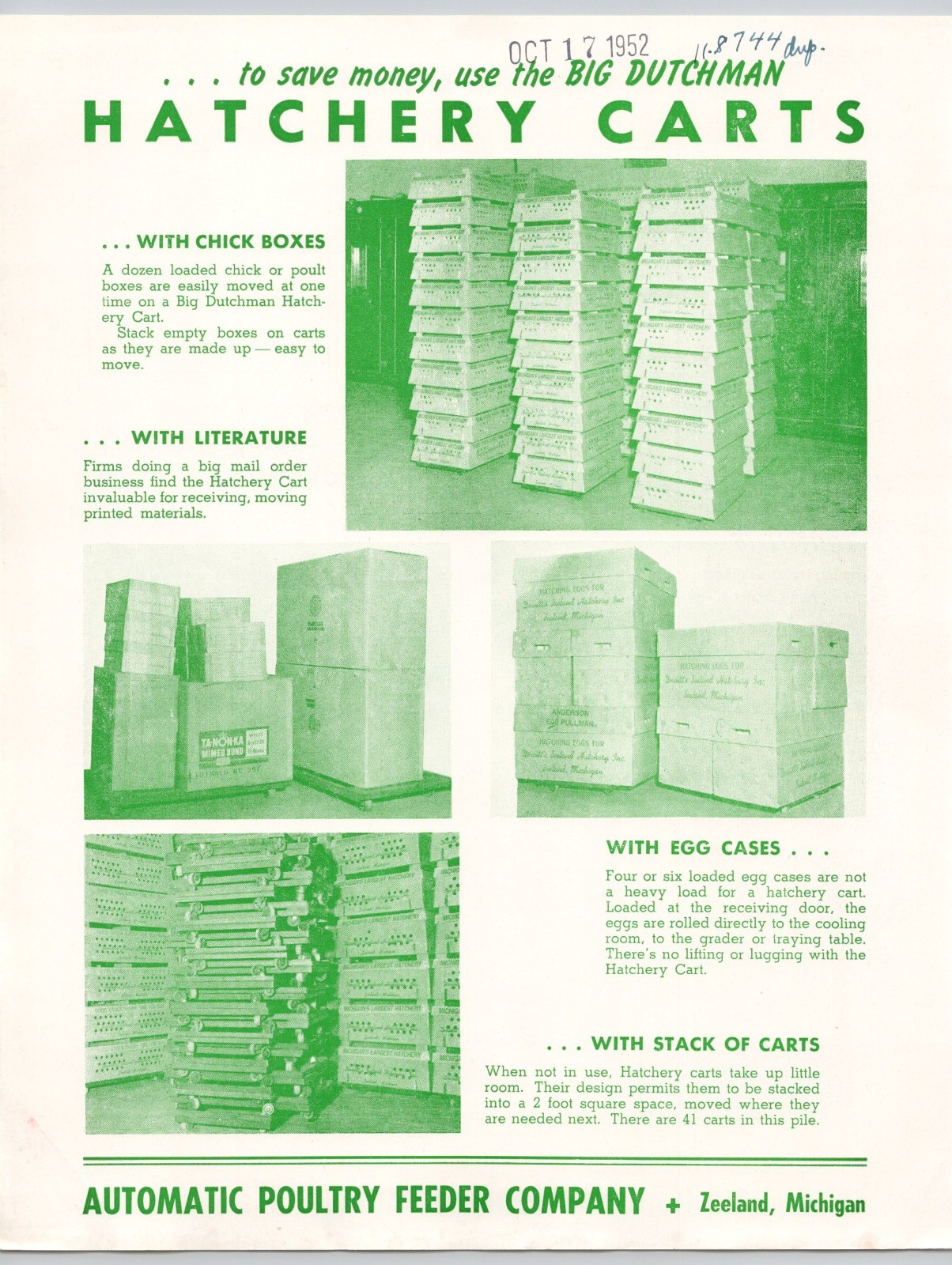 Big Dutchman Hatchery Carts Automatic Poultry Feeder Co Zeeland MI Flyer