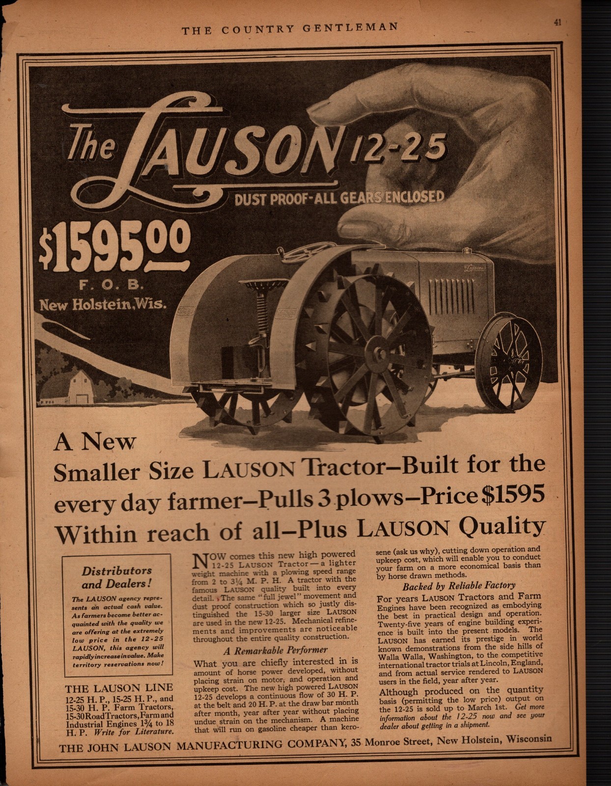 1921 Lauson 12-25 original Tractor ad – New Holstein WI Scarce