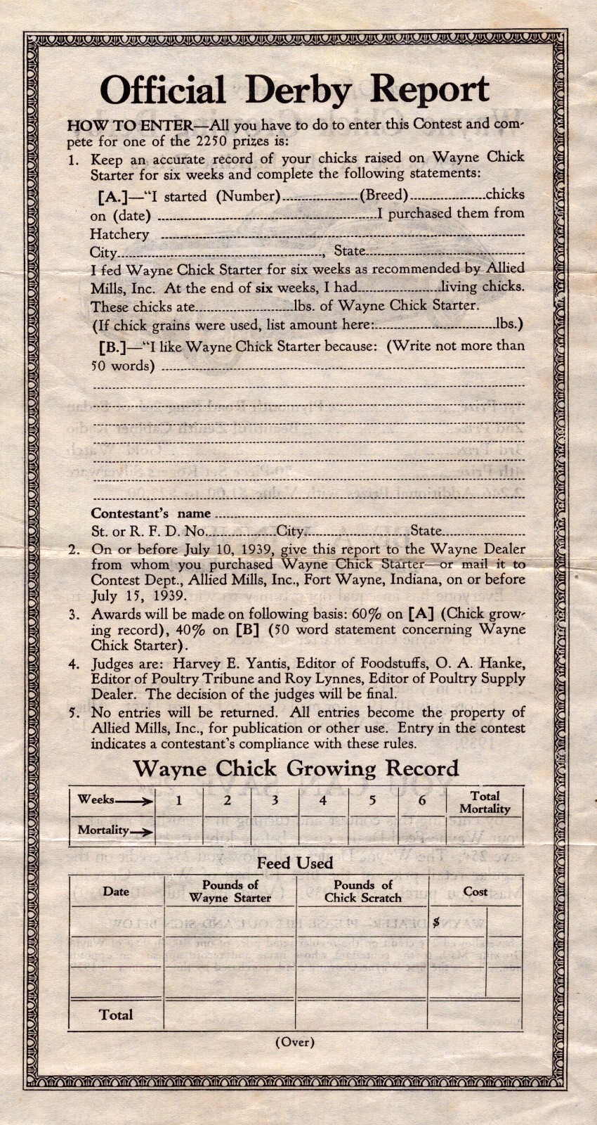 Vintage 1939 Wayne Chick Starter Growing Derby Entry Blank Fort Wayne Seed Rare