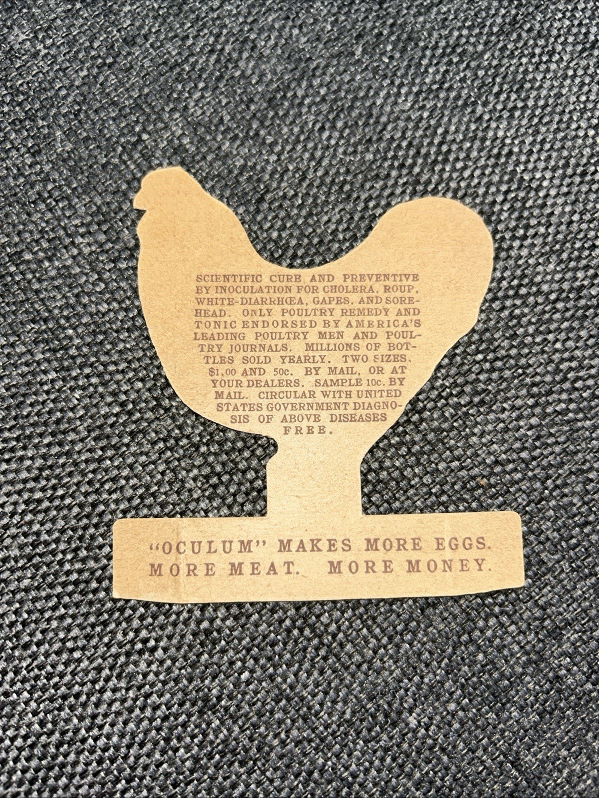 1920’s Oculum Poultry Inoculation Trade Card in the Shape of a Chicken