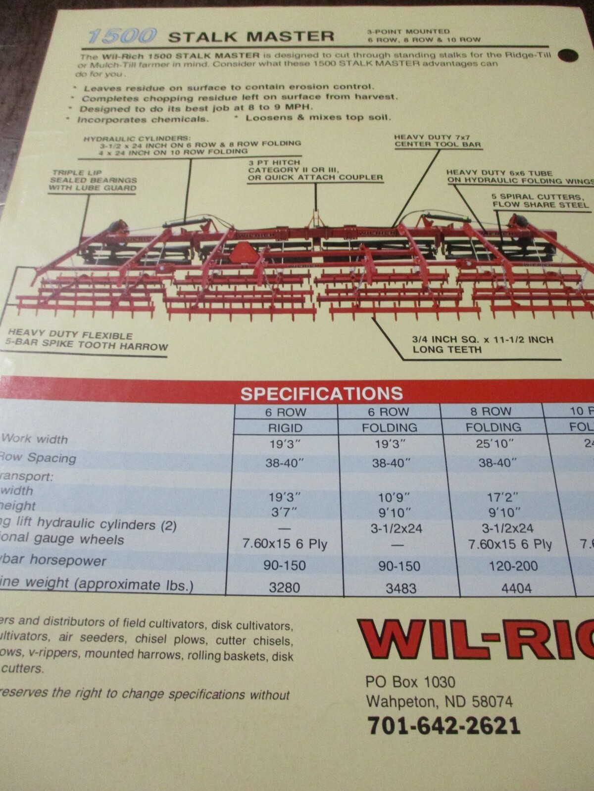Wil-Rich 1400/1430 Seedbed Finisher, 1500 Stalkmaster Sales Brochures 3 items