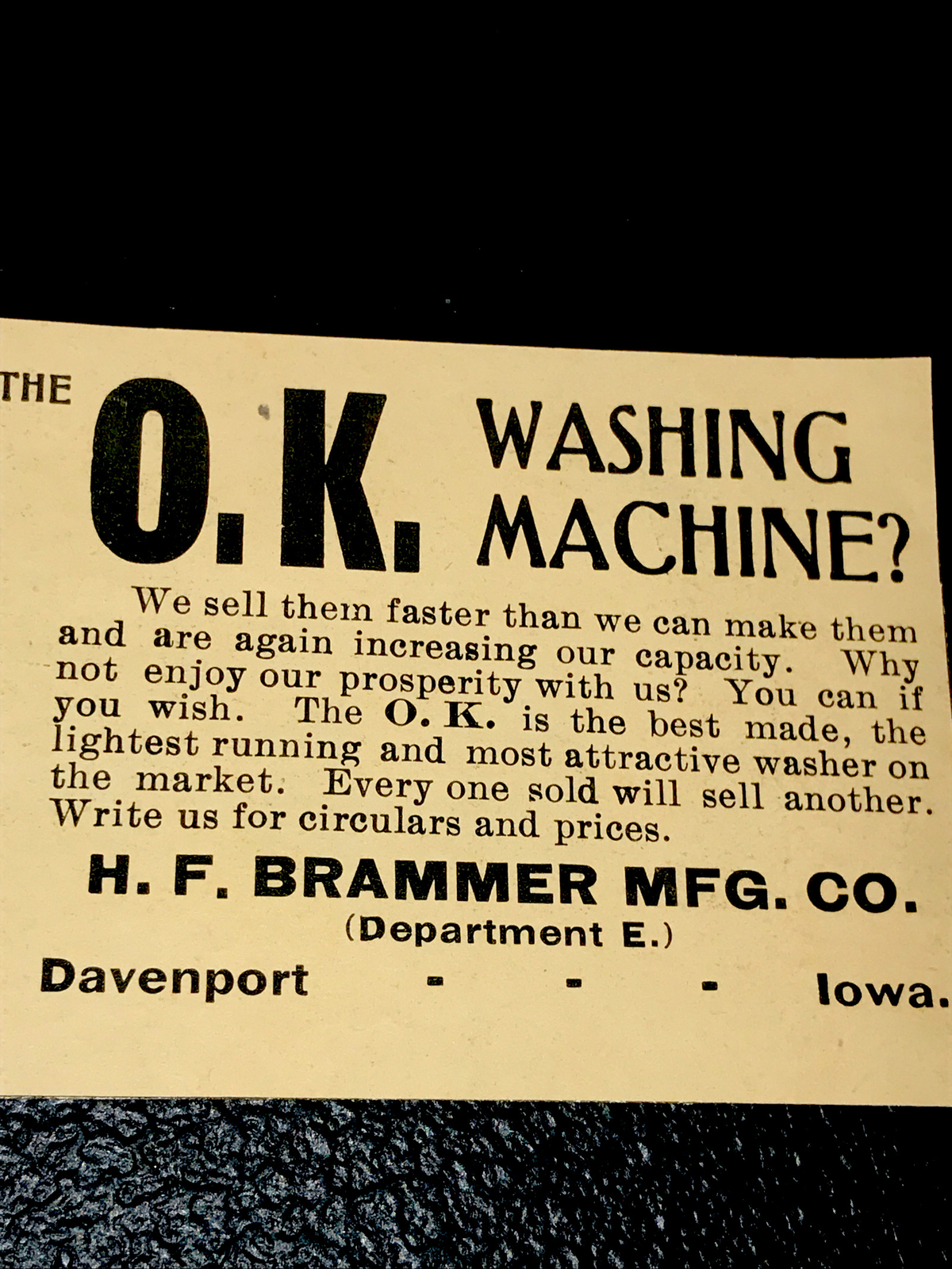 1903 O.K. Washing Machine Farm Advertising – Davenport – Iowa
