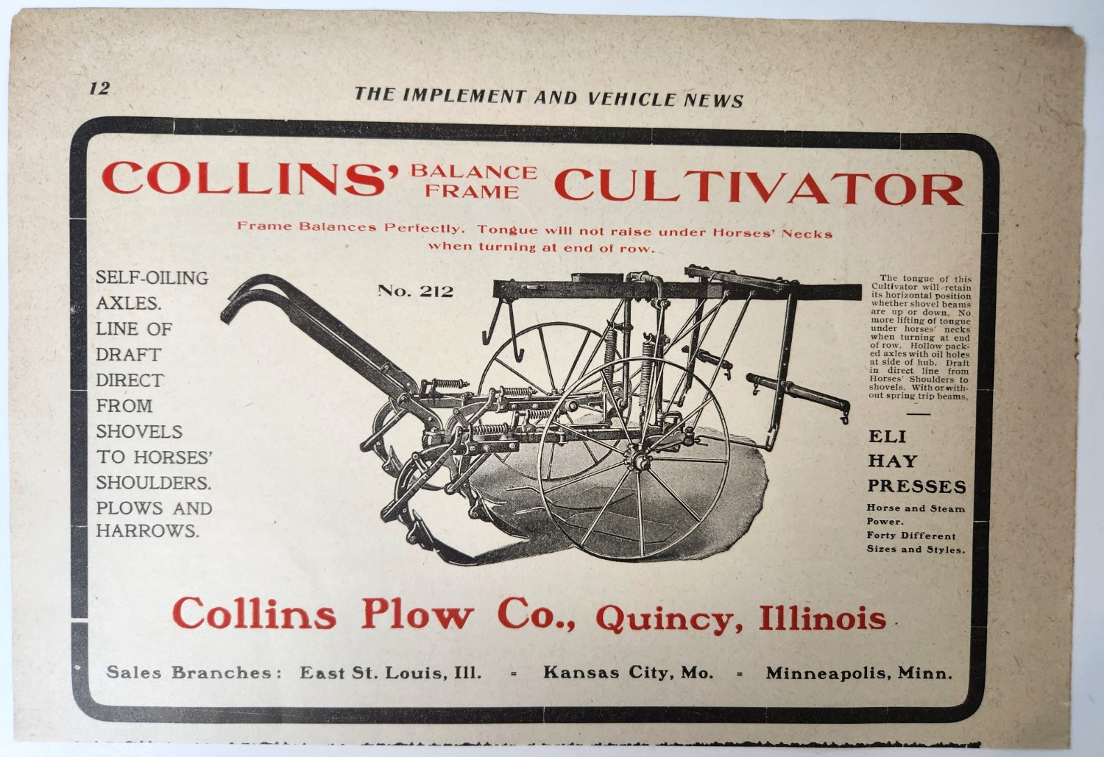 Collins Plow Quincy Illinois Farm Farming Equipment Ad Antique 1903 Clipping