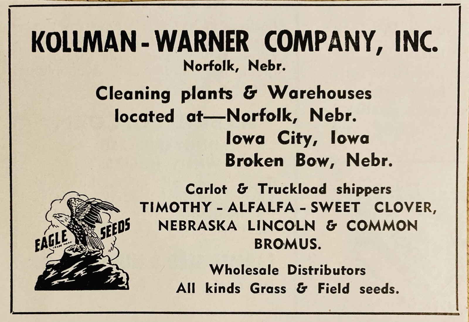 1950 AD.(XH83)~KOLLMAN-WARNER CO. NORFOLK, NEB. EAGLE SEEDS DISTRIBUTORS