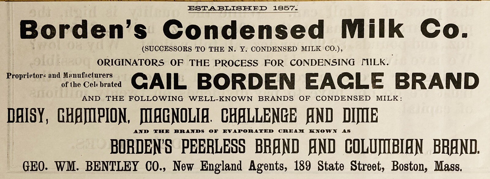 1899 AD.(XH63)~BORDEN’S CONDENSED MILK CO. BORDEN EAGLE BRAND CONDENSED MILK