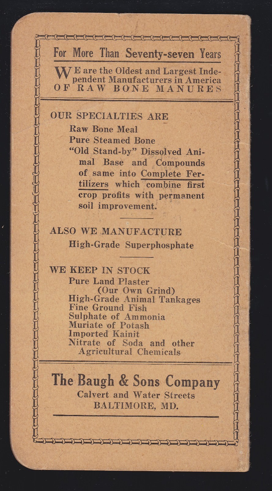 US Vintage ” The Baugh & Sons Co.” Raw Bone Manures Advertising Notebook