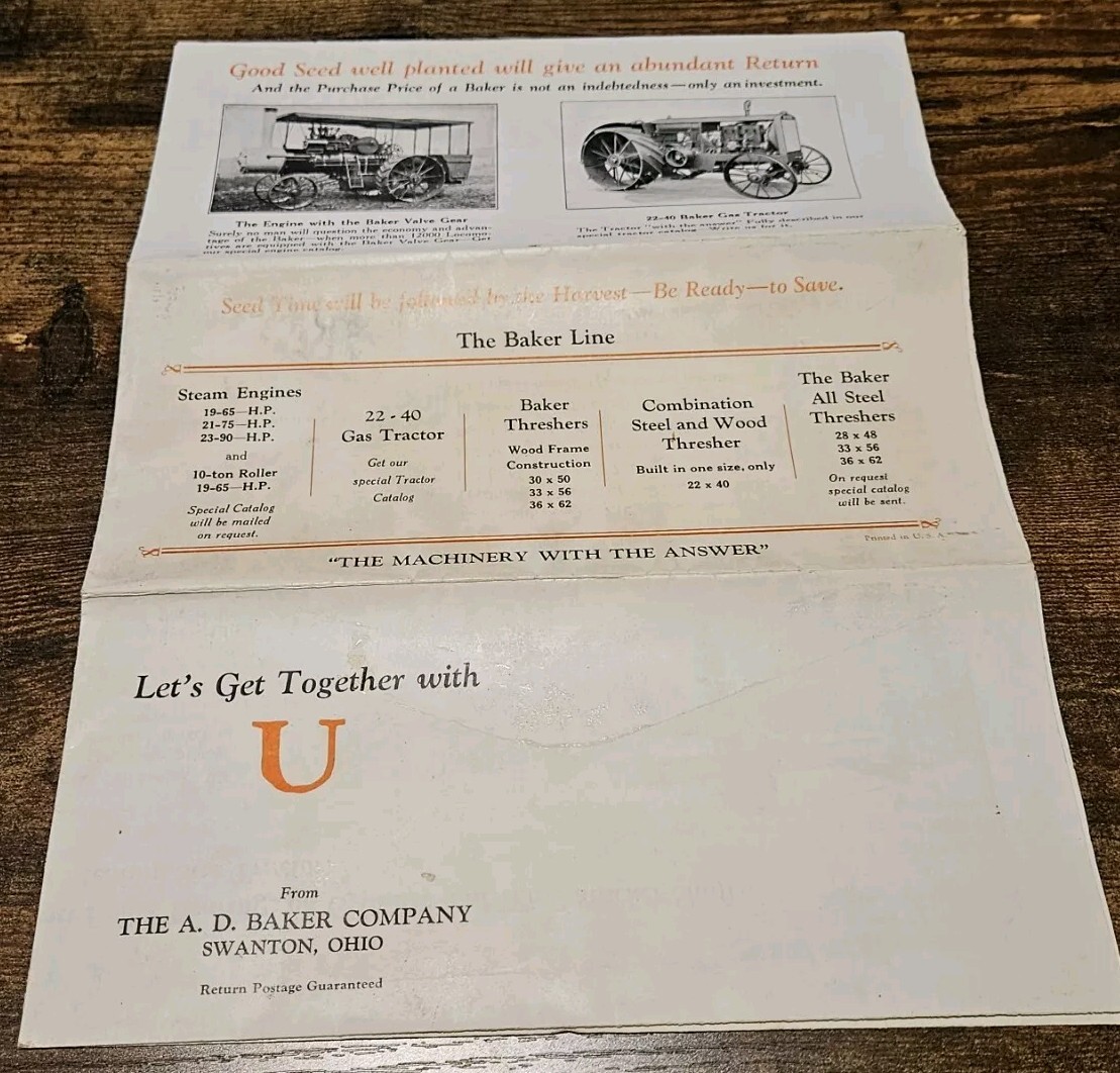 Huge c1910 Baker Tractor Fold Out Brochure Swanton Ohio