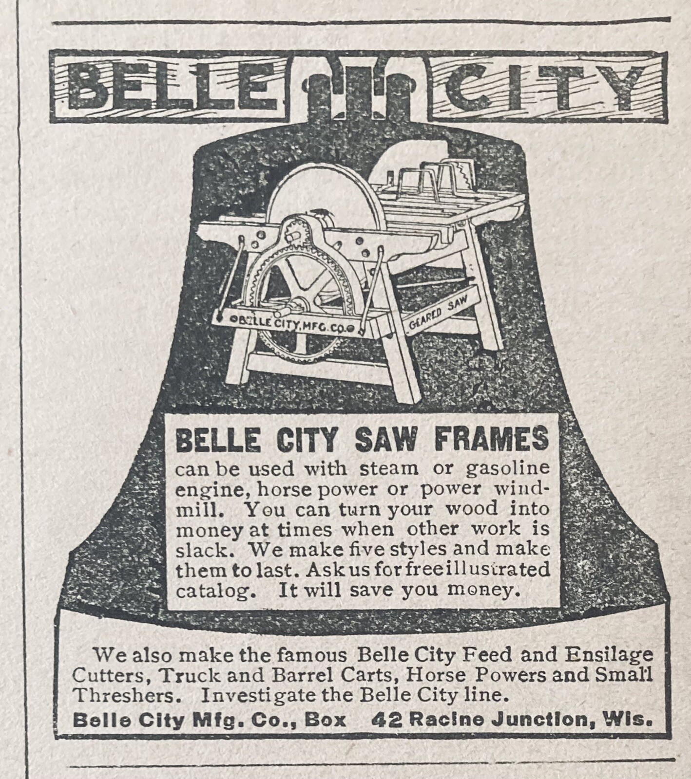 1904 AD.(XH29)~BELLE CITY MFG. CO. RACINE JCT. WIS. BELLE CITY SAW FRAMES