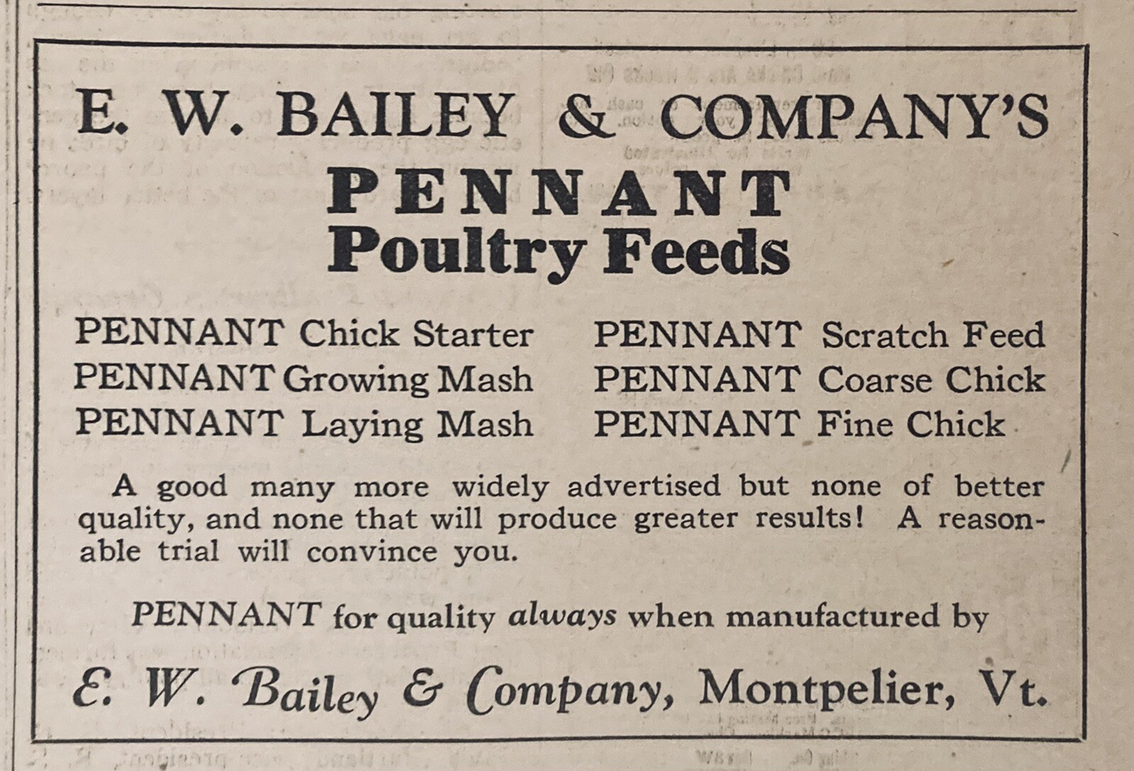 1934 AD.(XH51)~E.W. BAILEY CO. MONTPELIER, VT. PENNANT POULTRY FEEDS