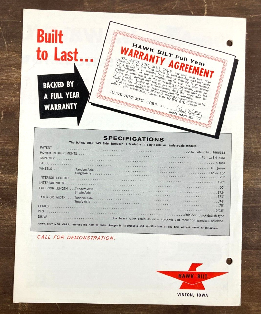 Hawk Bilt 145 Manure Side Spreader 1960s Dealer Sales Brochure Tractor Implement