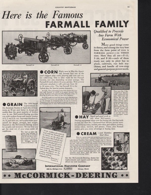 1934 MCCORMICK DEERING INTERNATIONAL HARVESTER FARMALL TRACTOR FARM AD 10323