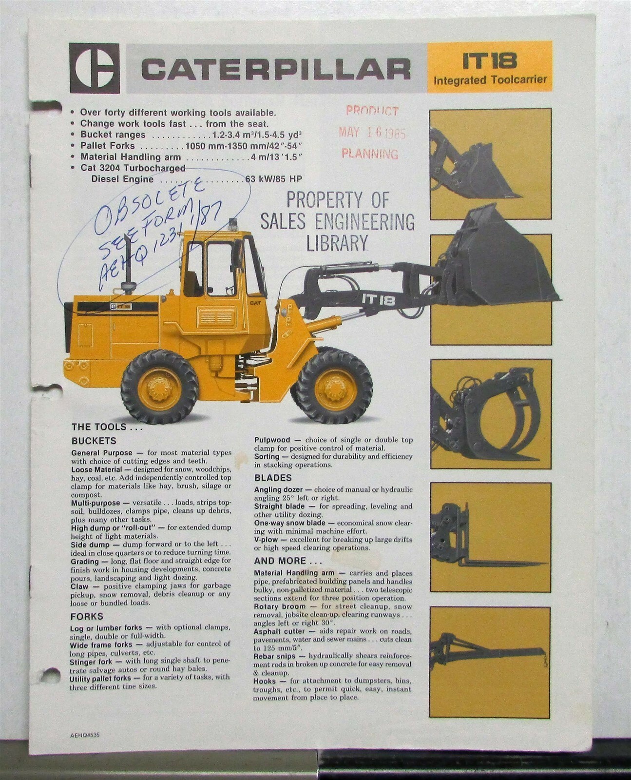 1985 Caterpillar IT18 Integrated Tool Carrier Construction Specs Sales Brochure