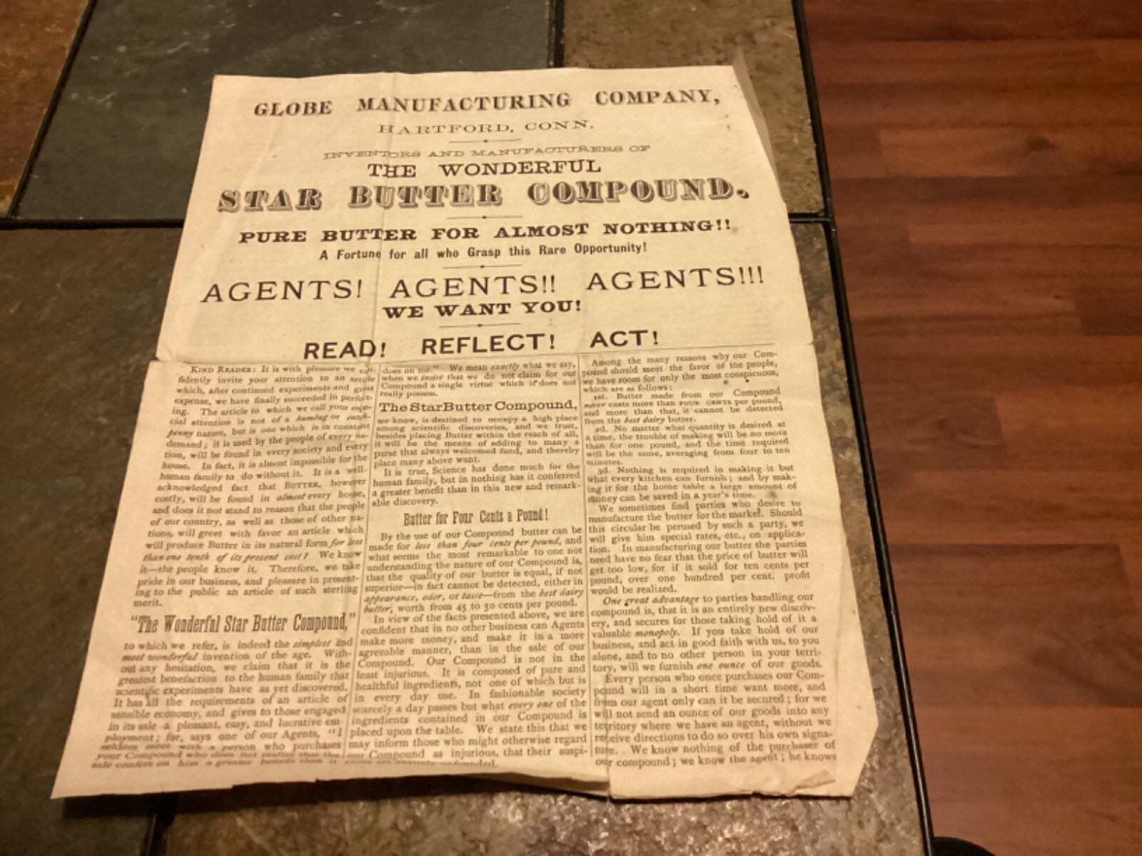 1800s Globe Manufacturing Co, Hartford, “Star Butter Compound” Flyer / Pricelist