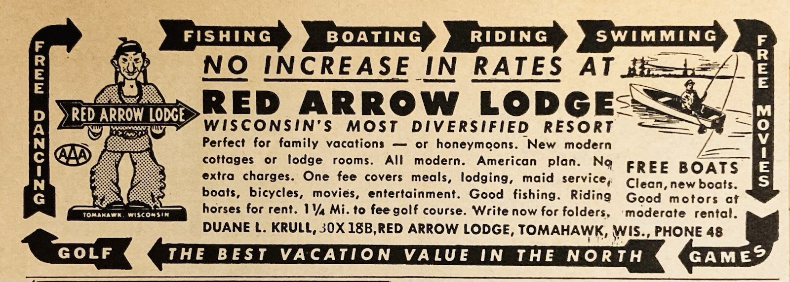 1951 AD.(PC6)~RED ARROW LODGE, TOMAHAWK, WIS. PHONE #48 VACATION RESORT