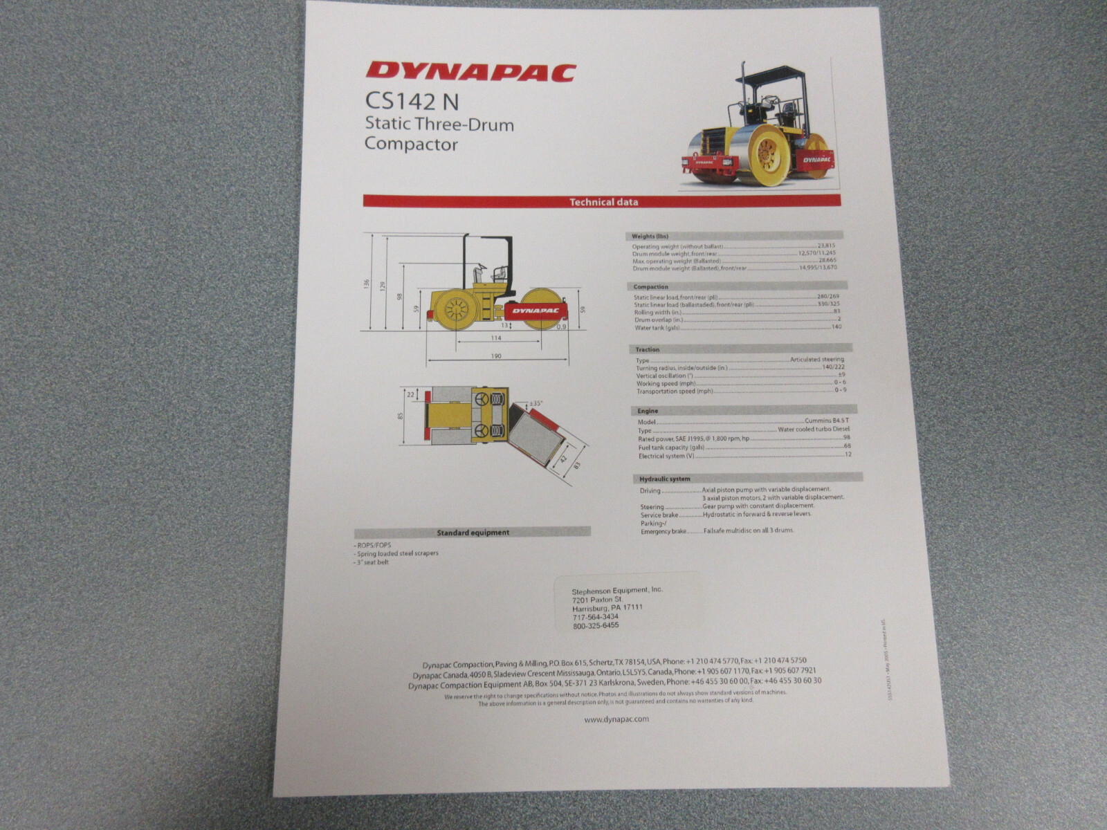 Dynapac CS142N Roller Compactor Brochure 1 Page