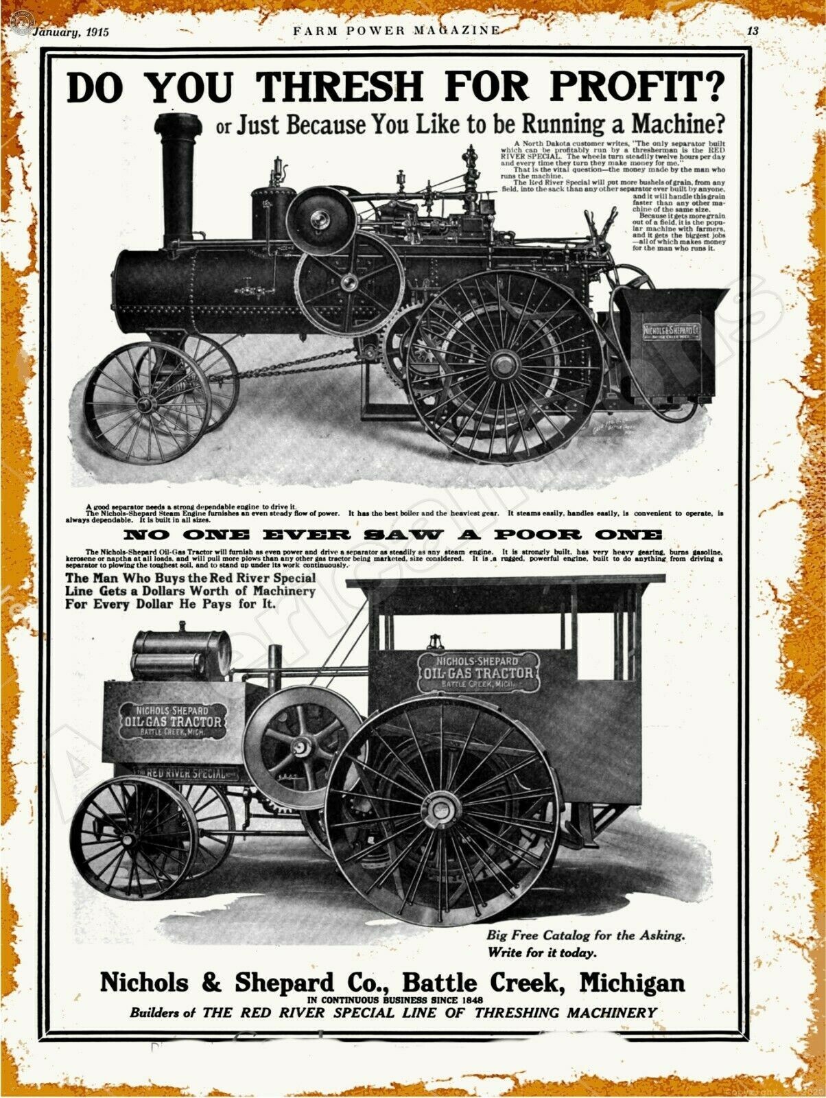 1915 Nichols & Shepard Oil Gas Tractors NEW Metal Sign: 12 x 16″ & Free Shipping