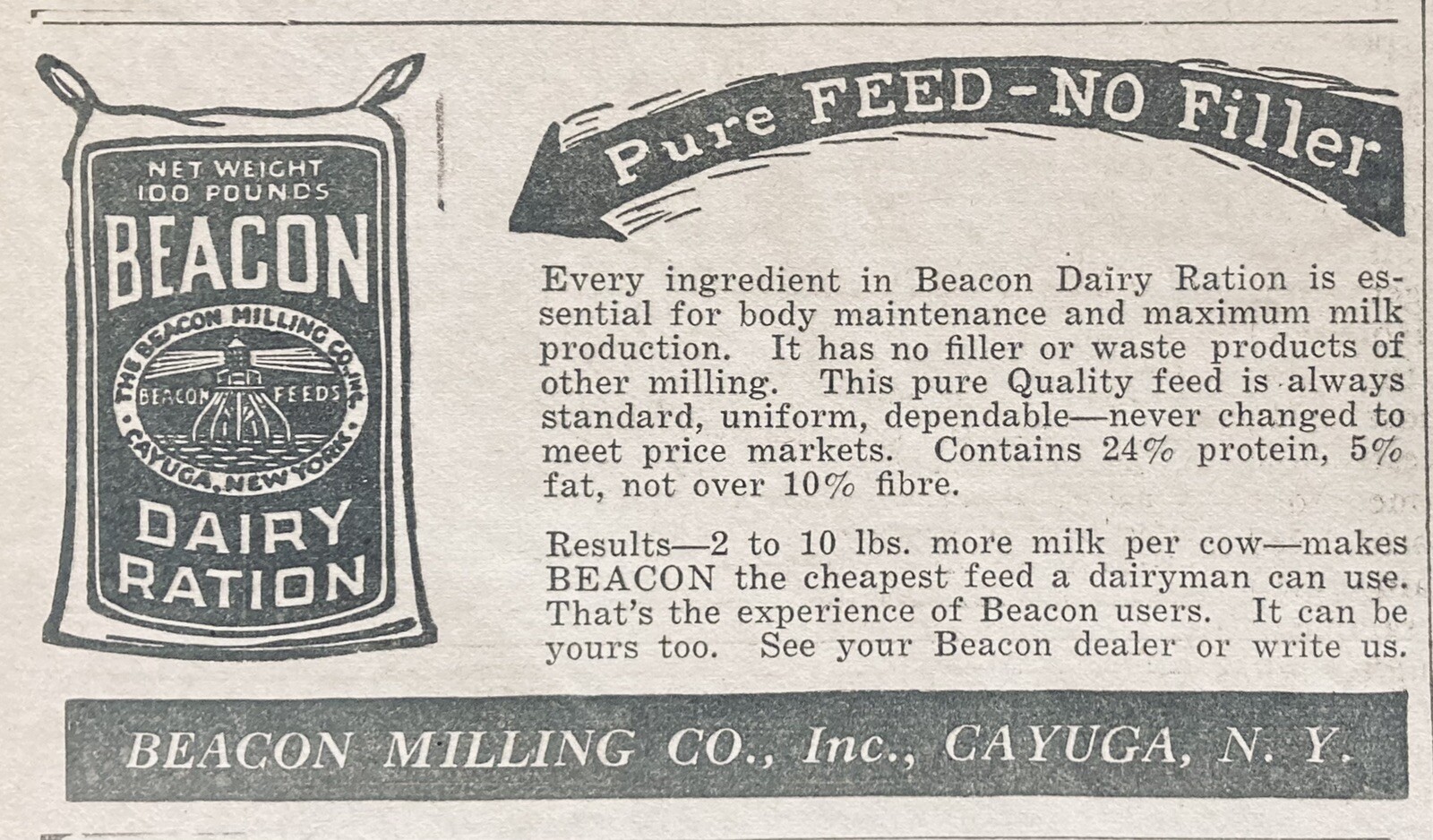 1928 AD.(XH39)~BEACON MILLING CO. CAYUGA, NY. BEACON DAIRY RATION