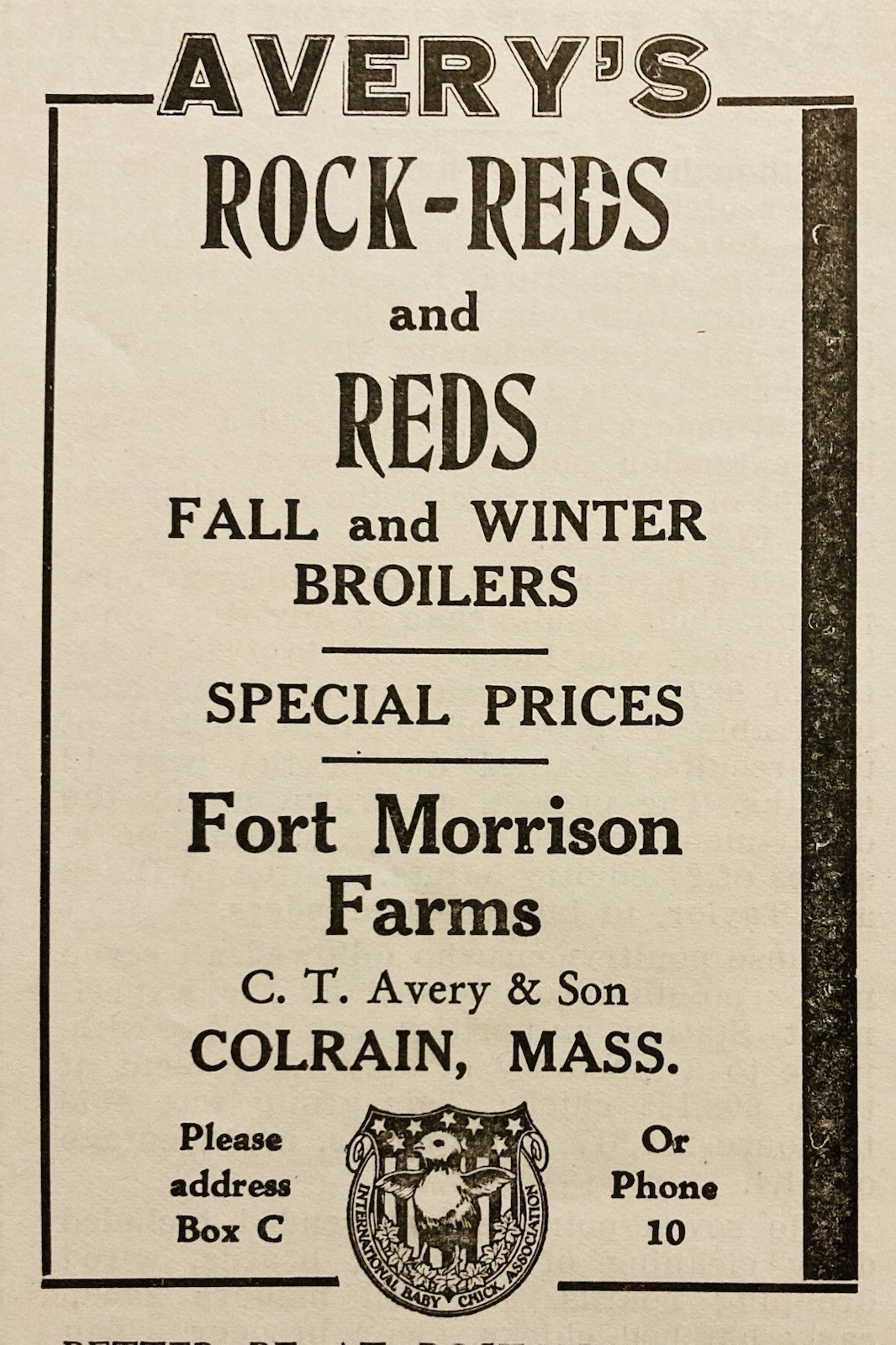 1934 AD.(XH82)~C.T. AVERY SON CO. COLRAIN, MASS. FORT MORRISON FARMS REDS