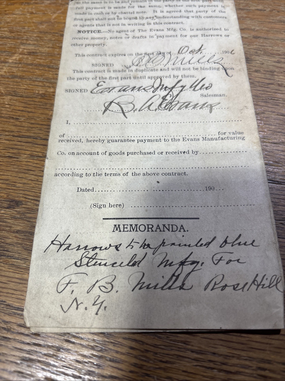 Vintage Farm Equipment Contract Evans Manufacturing Co Hammond NY 1906