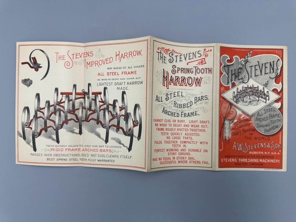 1880s STEVENS HARROW Farm Victorian Folding Advertising Trade Card AUBURN NY