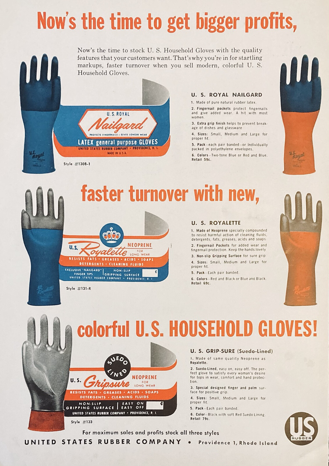 1954 AD.(XG20)~UNITED STATES RUBBER CO. PROV., RI. HOUSEHOLD RUBBER GLOVES