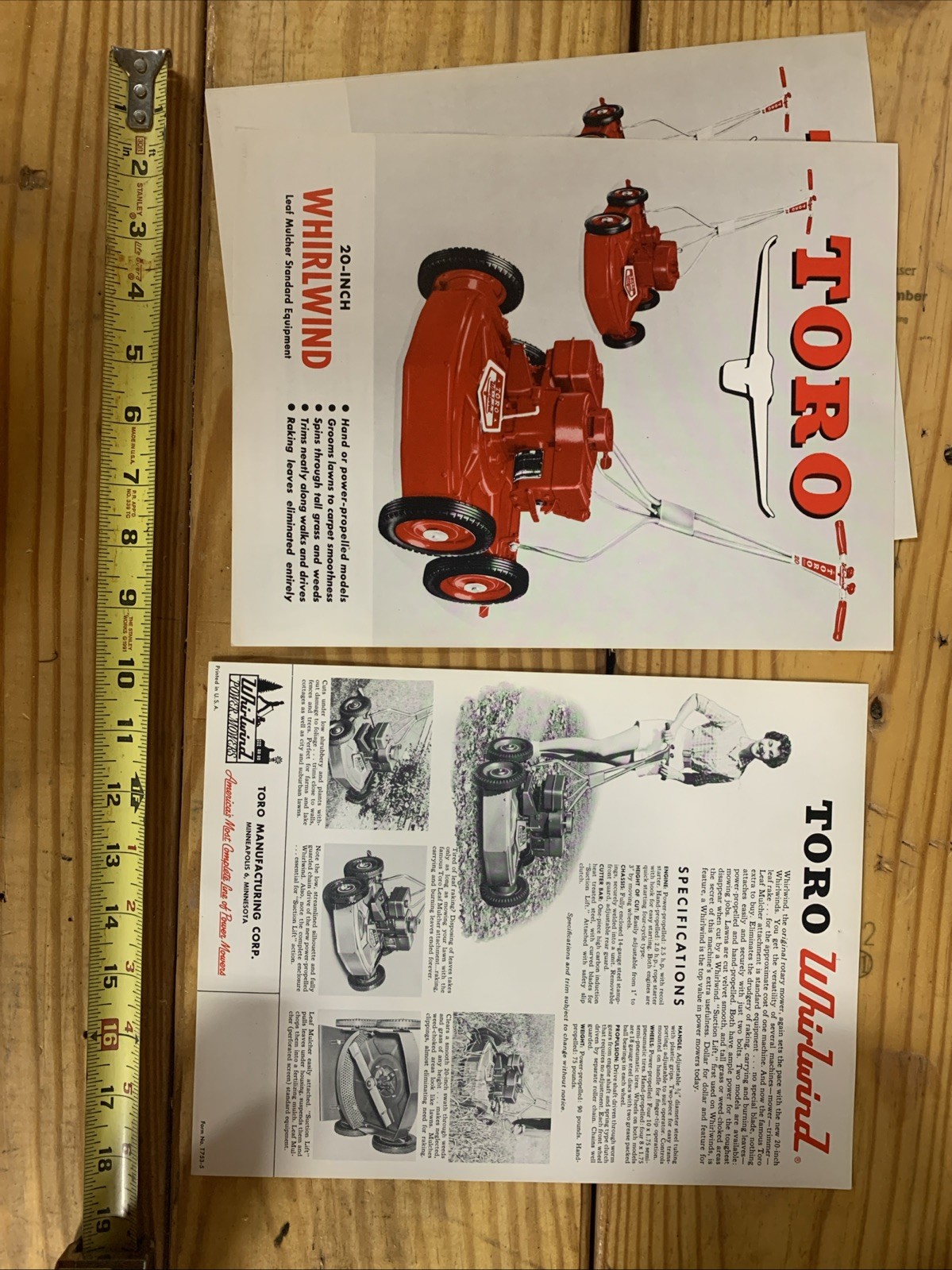 1850’s Toro 20 Inch Whirlwind NOS Original Single Page Brochures
