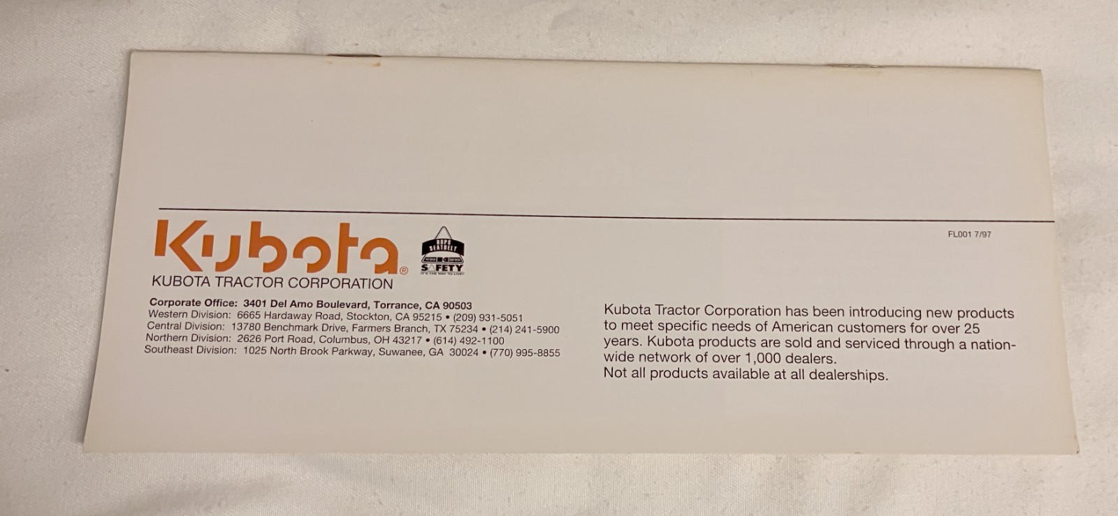 Kubota 1997-1998 Products 44 pages Page Literature Guide 9″ x 4″ *NEW*