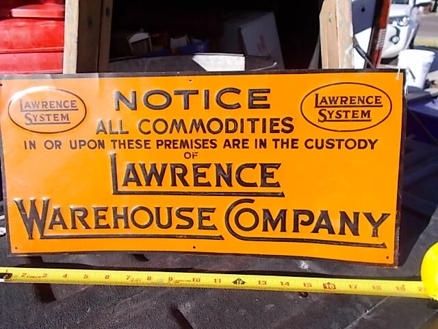 Vintage Tin Sign Lawrence System Warehouse Company Notice Commodities 9 by 19.5