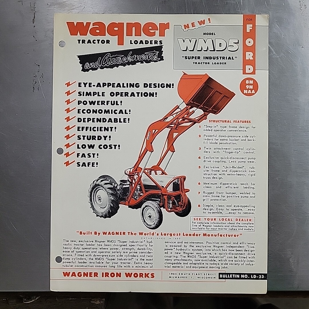 1950s WAGNER Model WMD5 Tractor Loader For Ford 8N 9N Tractors Sales Brochure