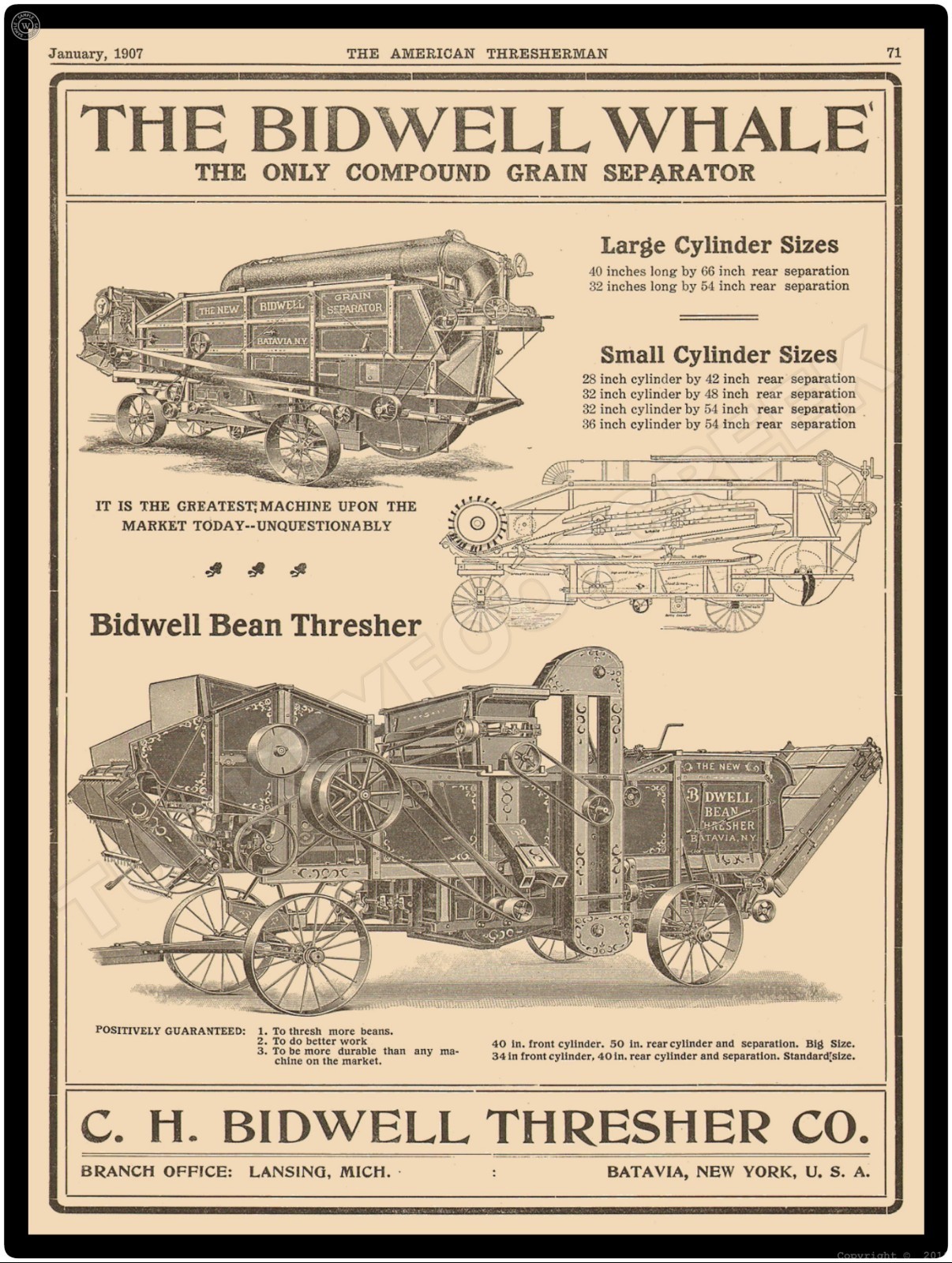 1907 Bidwell Whale Thresher Co. 9″ x 12″ Metal Sign