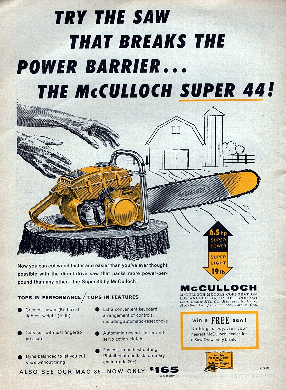 1957 McCulloch Super 44 Chainsaw Original Color Print Ad