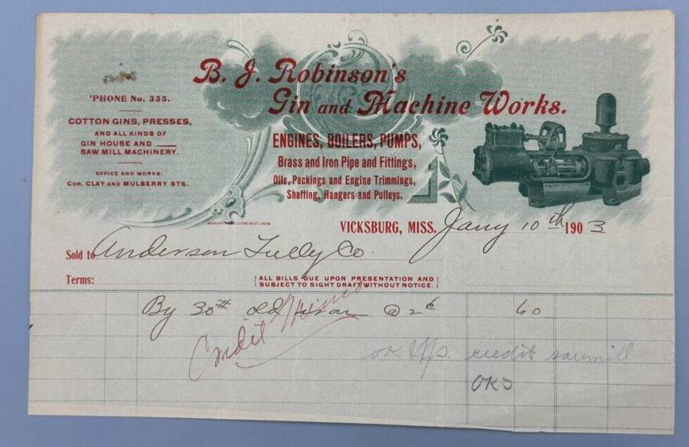 1903 Robinson’s COTTON GIN Machine ENGINES Bill FARM Advertising VICKSBURG MS